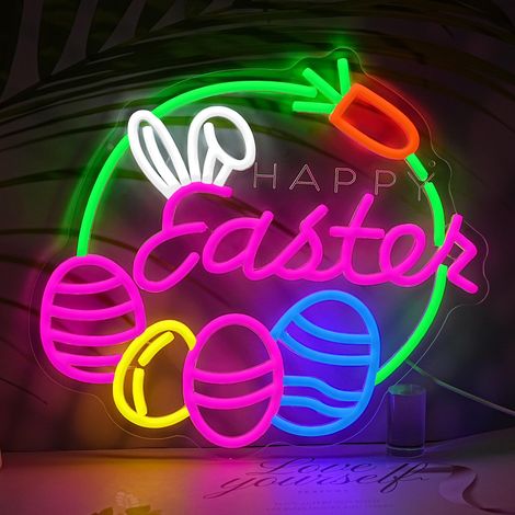 Décoration murale néon de Pâques, joyeuses Pâques, lapin mignon, œuf de Pâques lumineux LED carotte Pour la chambre, les fêtes, la maison et les bars (1/5)