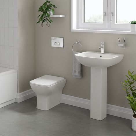 Wholesale Domestic Lyon 545mm Full Pedestal Basin and Back to Wall Toilet Suite with High In Wall Concealed Cistern and Polished Chrome Flush Plate (1/5)