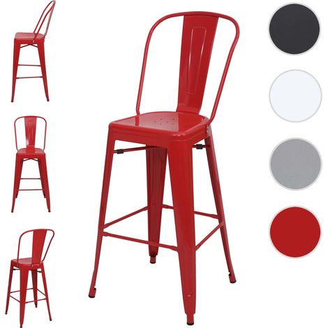 4x tabouret de bar HWC-A73, chaise de comptoir avec dossier, métal, design industriel - rouge (1/2)