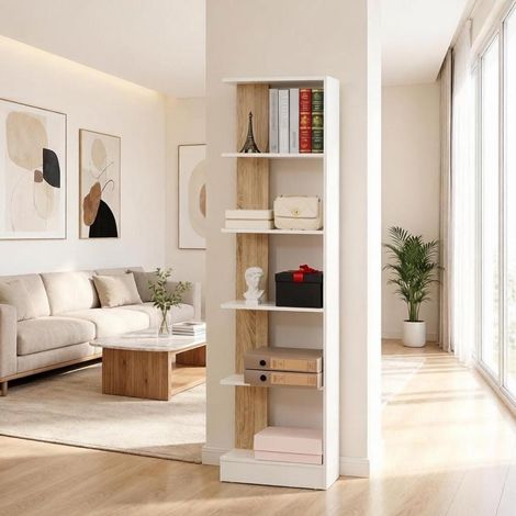 Bibliothèque Étagère de Rangement 5 Niches Ouvertes 45 x 21 x 170 cm Meuble pour Livres et Déco Blanc et Chêne Salon Bureau (1/5)