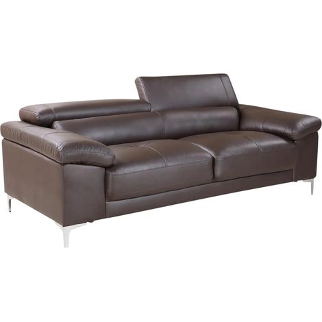 Vente-Unique – Canapé droit 3 places en cuir de vachette marron chocolat – Têtières relax réglables – Structure bois et métal – Confort optimal (1/5)