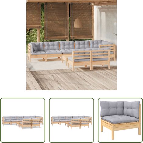 Terrassensofa - 9-tlg. Garten-Lounge-Set mit Grauen Kissen Kiefer Massivholz (1/5)