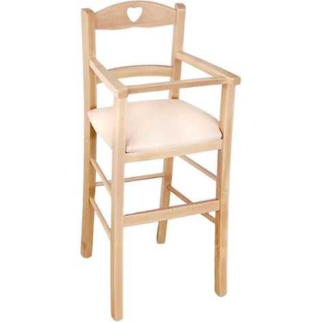 Silla alta en madera de haya natural con asiento acolchado en piel sintética beige