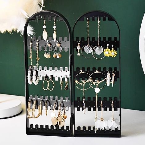 (Noir) Présentoir à bijoux pliable à 2 panneaux pour ranger boucles d'oreilles, colliers et accessoires (1/5)