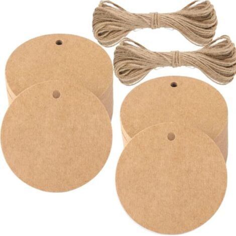 100PCS Étiquettes en Papier Kraft Étiquette Cadeaux-Étiquette Ronde 5.5x5.5cm Kraft Étiquettes Étiquettes de Mariage avec Ficelle pour Dragees Noël Anniversaire Communion (Marron) (1/5)