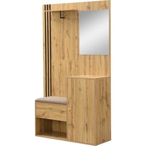 ELVMI Meuble d'entrée avec 2 Portes, Miroir, Assise Rembourrée et Porte-parapluie, en MDF, 115 x 37 x 185 cm (1/4)