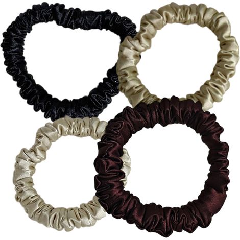 Coleteros finos elásticos para mujer de pura seda de morera (juego de 4), pulseras, gomas para coleta, accesorios para el cabello (negro, marrón, champán, albaricoque) (1/5)