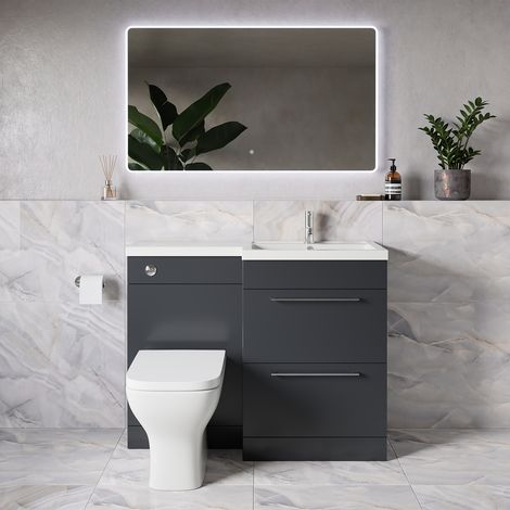 Napoli 390 Gloss Grey 1100mm 2 Drawer Vanity Unit Toilet Suite with Square Right Hand Lucia Basin - 1100mm - Chrome 320mm HandleWith Kingston Toilet Pan and Seat