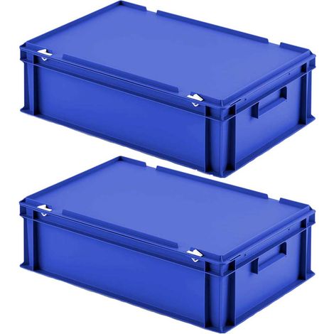 BRB Lot de 2 boîtes Euro avec couvercle à charnière - 600 x 400 x 185 mm - En polypropylène - Qualité alimentaire - Bleu
