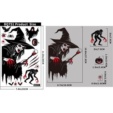 Décorations d'horreur pour Halloween : citrouille, crâne, faux, faucheuse, autocollants pour verre, chauve-souris, araignée, (L120) (1/5)