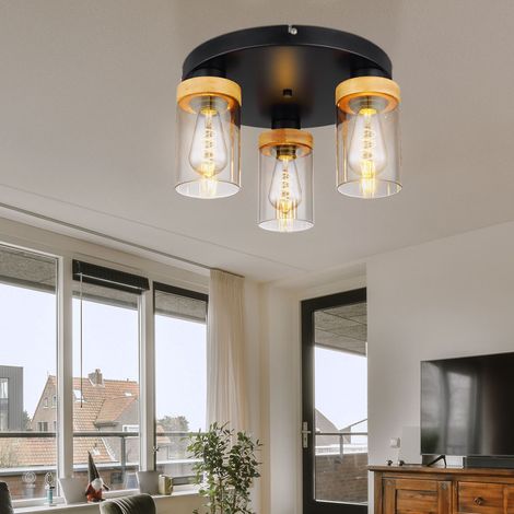 Deckenlampe Deckenleuchte Wohnzimmerleuchte Esszimmerlampe Flurleuchte, Metall Glas Holz rauchfarben schwarz, 3 Flammig, E27, H 21 cm