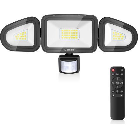Projecteur LED Extérieur 42W avec Détecteur de Mouvement 3600LM Lampe de Sécurité avec Télécommande 6500K Blanc Froid IP66 Étanche 3 Têtes 4 Modes d'éclairage Mural pour Cour, Jardin, Garage (1/5)