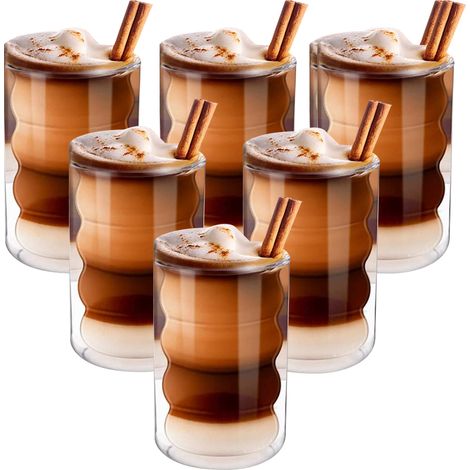 Double-walled latte glasses, 350ml, set of 6 in borosilicate glass, with spoons and coasters