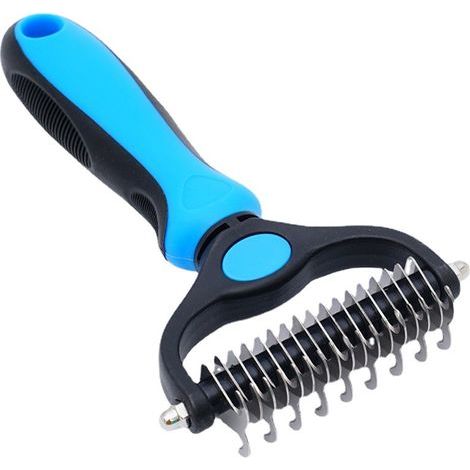 Cepillo de cerdas largas para perros y gatos: peine para el subpelo que elimina el pelo corto y el plumón. Masajea y protege el pelaje. Visita la tienda de mascotas azul. (1/5)