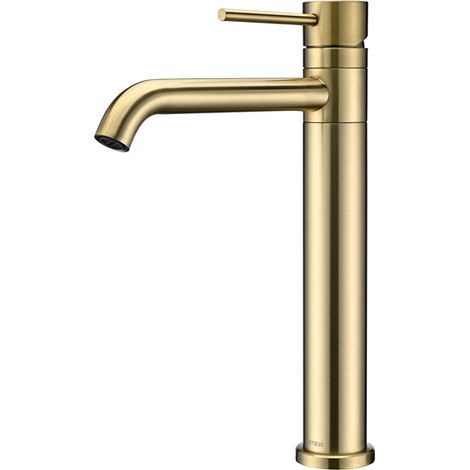 DETBOM Waschtisch-Mischbatterie Hoher Wasserhahn für Waschbecken oder Waschtisch 360° Schwenkbarer Waschtisch-Wasserhahn aus Gebürstetem Edelstahl in Klassischem Gold
