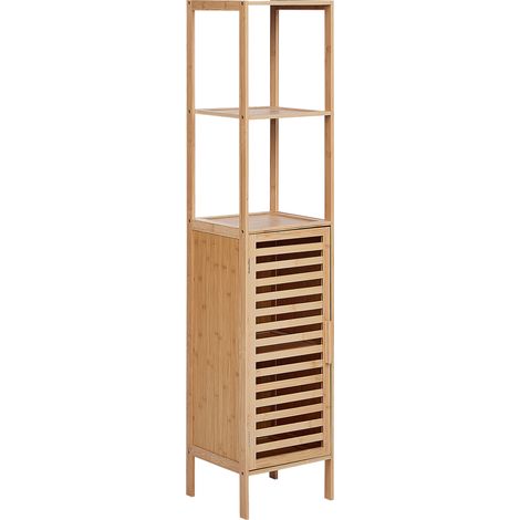 Armario de baño minimalista de bambú con estantes y puerta de madera clara Owasso (1/5)
