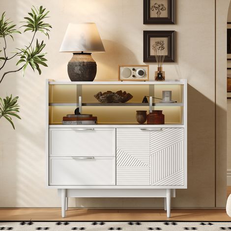 Ablageschrank, Badezimmerschrank, Sideboard mit Lichtleiste, 80 cm breit, Glastür (1/5)