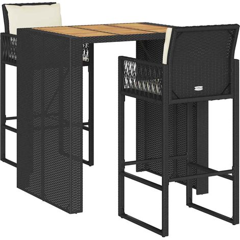 Ensemble de bar de jardin 3 pcs Mobilier de jardin coussins noir poly rotin acacia (1/5)
