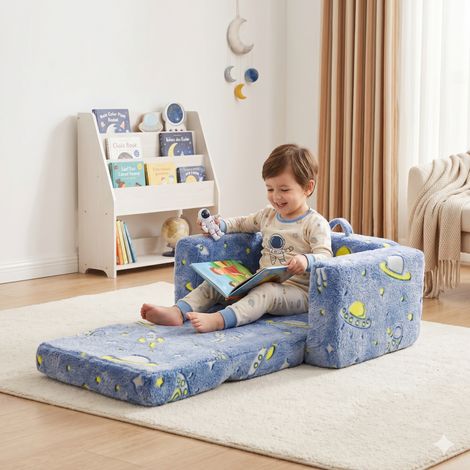 Divano pieghevole per bambini, con funzione luminosa, morbida superficie, tessuto e metallo, blu verde bianco (1/5)