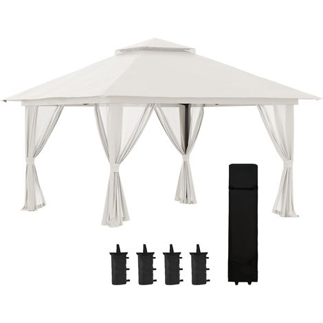 Pavillon pliant 4x4 m avec 4 rideaux en filet, hauteur réglable, protection UV, double toit, sac de transport, blanc crème, idéal pour le jardin et les événements. (1/5)