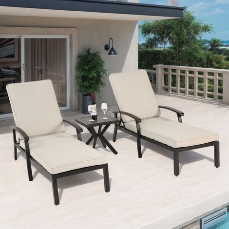 Chaise longue aluminium antirouille piscine dossier réglable coussins coton imperméables beige vendue à l’unité (1/4)