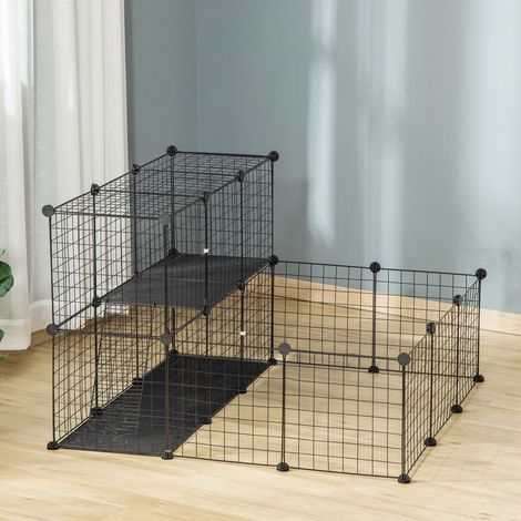 Modulares Gehege für Kaninchen, Meerschweinchen und Nagetiere, Tierlaufstall mit Montagezubehör aus Stahl, 105 x 105 x 70 cm, Schwarz