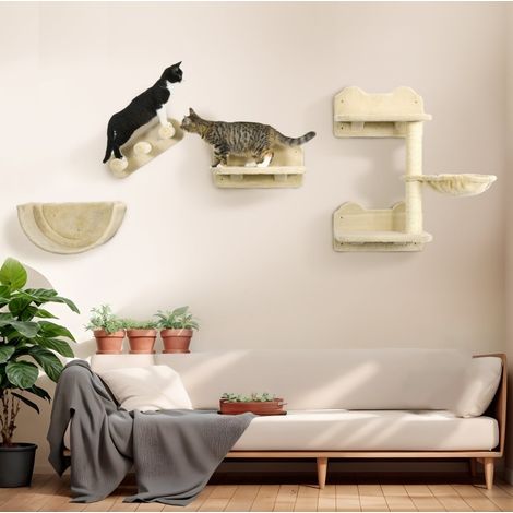 Parete tiragraffi per gatti 45.5x42x30.5 cm, a 4 pezzi, con piattaforma, scala e cuccia, in pannello truciolare beige (1/5)