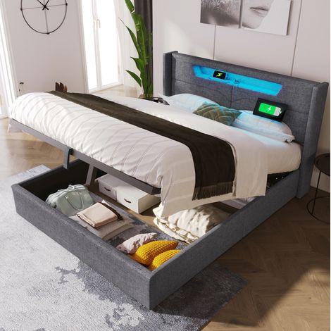 Letto contenitore in tessuto lino grigio 160x200 cm con LED, USB e Type-C, rete a doghe inclusa (1/5)