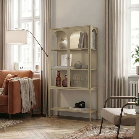 Vitrinenschrank Klippestad Stahl 160x80x35 cm Kamelfarben [en.casa] (1/5)