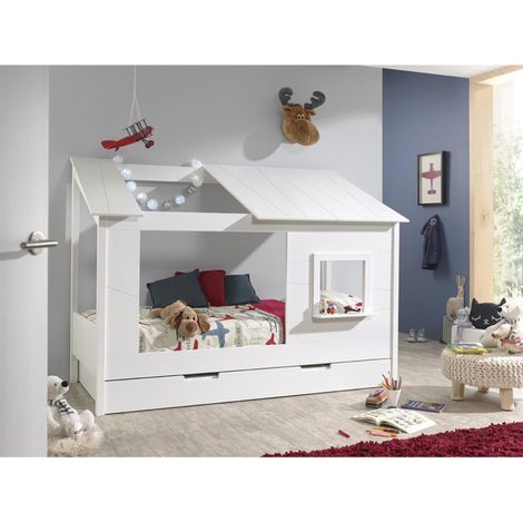 Pack - Lit Cabane Enfant & Tiroir "Housebed II" 90x200cm Blanc (1/5)