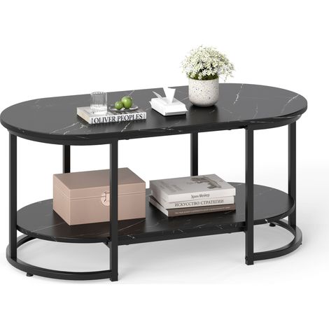 COSTWAY Marble Coffee Table Modern 2-Tier Center Table with Shelf-Black (1/5)