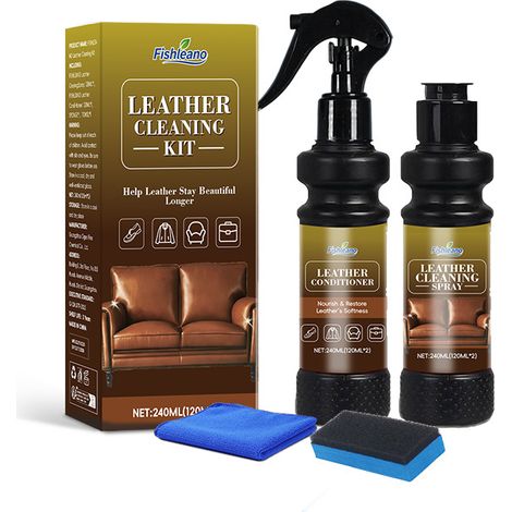Kit de nettoyage et d'entretien du cuir FISHLEANO pour canapés en cuir véritable - Solution nettoyante pour cuir, détachant sans rinçage