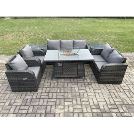 Fimous 7-Sitzer Polyrattan Gartenmöbelset Gasfeuerstelle Esstisch und Sofa Sessel set mit 2 Beistelltischen (1/5)