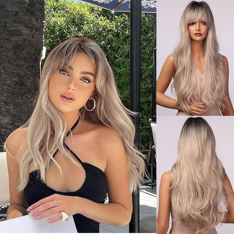Perruque ombrée blond clair avec frange - Perruque blonde ondulée longue et naturelle pour femme, racines foncées, cheveux synthétiques réalistes résistants à la chaleur