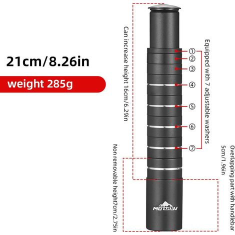 210 mm (7 bagues de réglage) Rehausse de potence en alliage d'aluminium pour vélo, fourche avant, rallonge de potence, accessoire universel pour vélo (1/5)