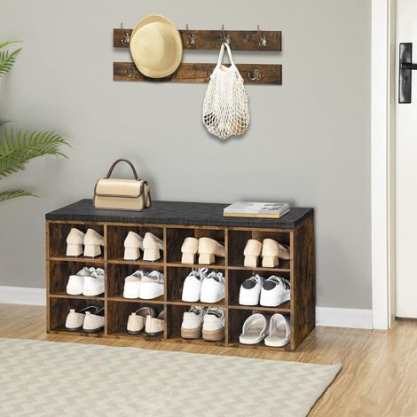 Banc à Chaussures, Banc de Rangement avec 12 Compartiments, Étagère à Chaussures, Porte-Manteau, 100 x 30 x 48 cm, Entrée, Couloir, Chambre, Marron Rustique EBF112HX01G1,HOOBRO (1/5)