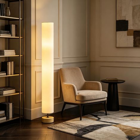 Lampadaire 15x15x120 cm en bois, métal et lin beige, interrupteur au pied pour salon – MEUBLIV (1/5)
