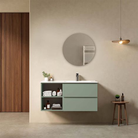 Mobile bagno sospeso 100 cm Verde Salvia Lavabo a Destra in Ceramica Specchio Tondo - Fiji Paint Plus (1/4)