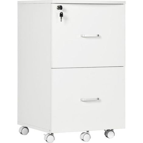 Caisson de Bureau Rangement Dossiers 2 Tiroirs avec Serrure sur 5 Roulettes MDF 43x45x72 cm Blanc pour Bureau (1/5)