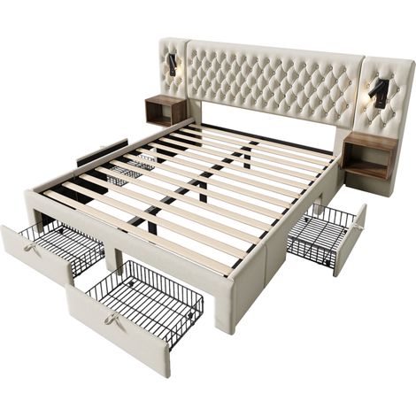 (=AB30261123B) Ensemble complet de chambre à coucher, lit rembourré double 180×200 cm avec 2 tables de chevet et 4 tiroirs, tête de lit avec lampe de lecture et fonction de charge USB, beige, velours 