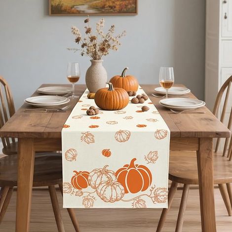 Tovaglia autunnale 40x300 cm in lino beige zucca impermeabile (1/4)