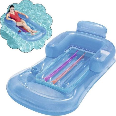 1 lit à eau gonflable simple bleu 43028 avec accoudoirs, dossier à trou pour tasse, chaise longue de luxe, chaise de loisirs aquatiques, rangée flottante pour adultes (1/5)
