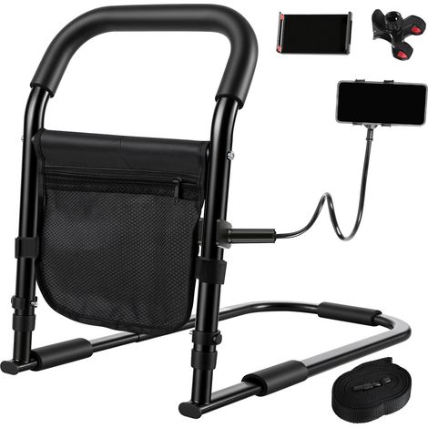 Wolketon Barre de lit Sécurité pour Personnes Âgées, Aide au Lever Réglable en Hauteur 45-62cm (5 Niveaux), avec Sangle de Fixation et Support Téléphone, Noir