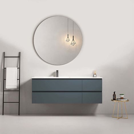 Mobile bagno sospeso 140 cm Blu Mare Lavabo a Sinistra in Resina Specchio Tondo - Fiji Paint (1/4)