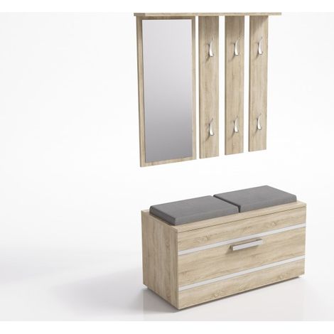 KATHI - Mueble de entrada con espejo + banco - 35x85x180 cm - Banco zapatero - 6 ganchos - Guardarropa (1/3)