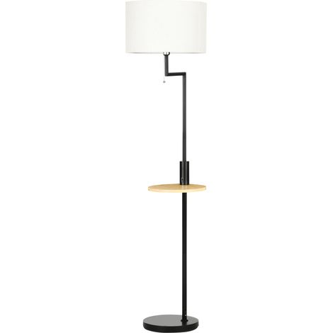 Lampadaire avec étagère bambou naturel noir, tirette chaînette, douille E27 40W