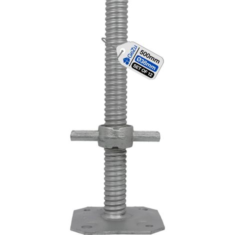 Lot de 12 Vérin d’échafaudage réglable avec tige filetée Ø38 mm – Longueur 500 mm – Électroplaqué – Plaque de pied robuste pour stabilité et sécurité – GeZu Impex