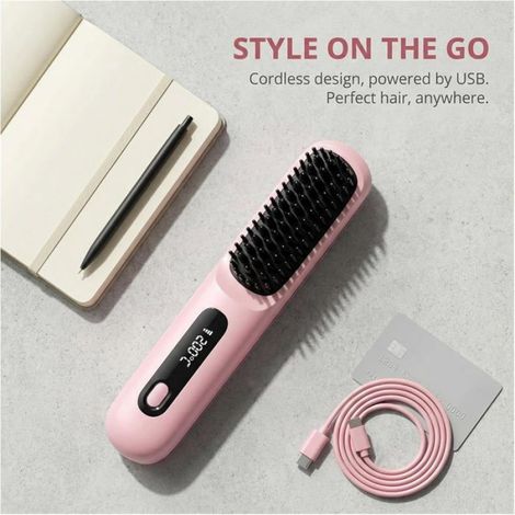 Lisseur Brosse Sans Fil 2026 Écran LCD Chauffage Rapide Mini Voyage Cheveux Courts Outil Coiffure Femme Rose (1/5)