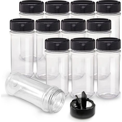 Pots à épices en plastique - Lot de 12 pièces - 156 ml par pot - Couvercle noir à double clapet - Joint interne amovible (1/5)