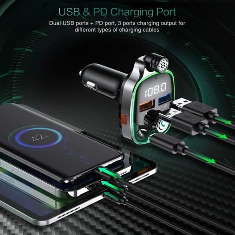 Transmetteur FM bluetooth voiture, Adaptateur Bluetooth 5.0 Voiture, USB/PD/Type-c, Bluetooth/Disque U/Carte TF play (1/4)